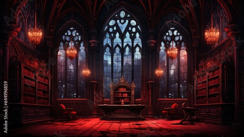 Fantasy gothic library in the style of anime aesthetic, black and red vibrant stage backdrops