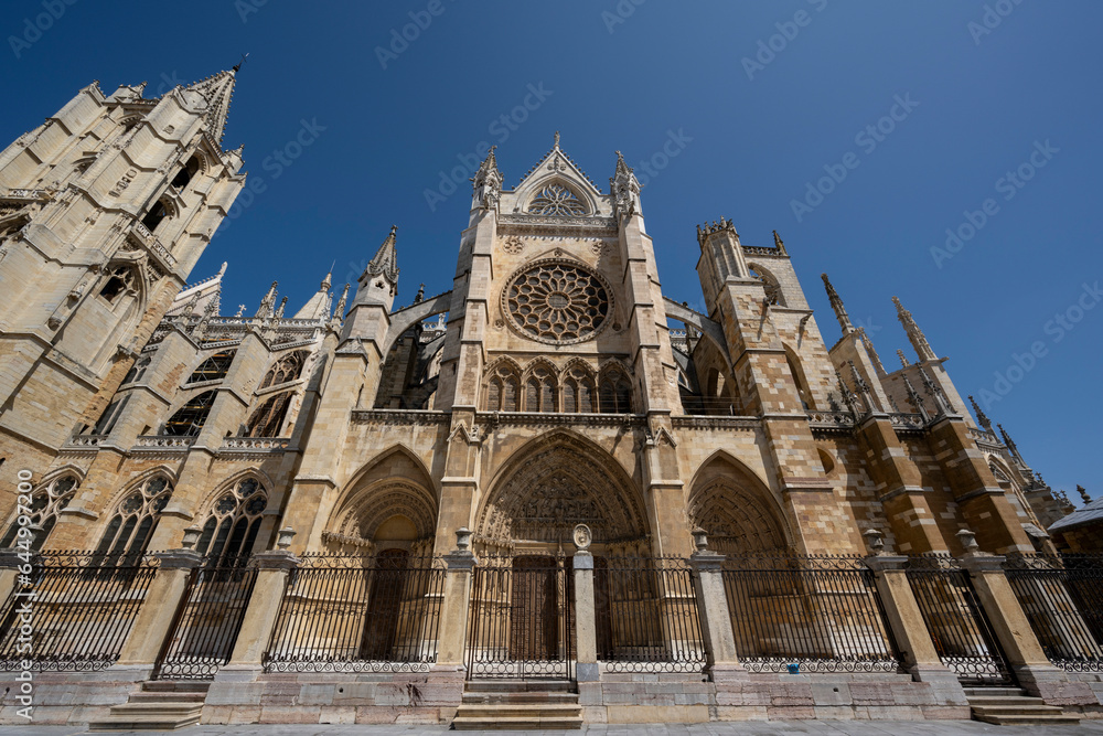 Leon, Spain - July 7, 2023: Cathedral of the city of Leon, Spain