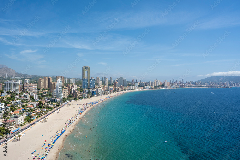Benidorm, Spain - August 19, 2023: Panoramic view of the Poniente beach in the city of Benidorm, Spain