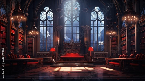 Fantasy gothic library in the style of anime aesthetic, black and red vibrant stage backdrops © LaxmiOwl