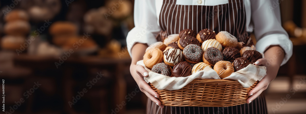 A female pastry chef holds a basket of fresh delicious donuts. Banner, place for text