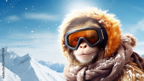 Cute monkey in ski goggles and a scarf on the background of snowy mountains with copy space