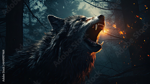 Fototapeta a wolf howls in a dark forest