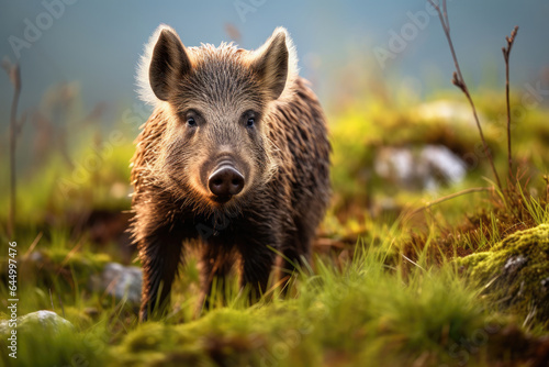 Wild Boar (Sus scrofa) on green grass © Veniamin Kraskov