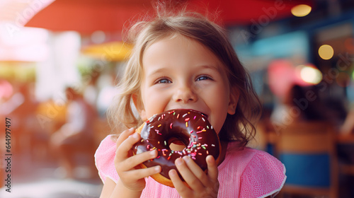 Cute girl eating a delicious donut with chocolate glaze in a cafe outside