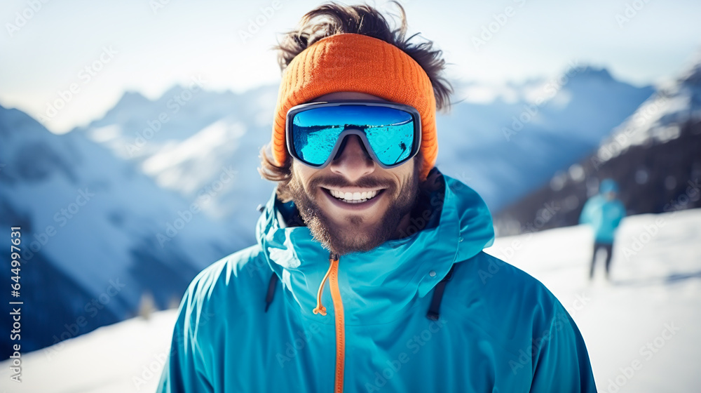 Positive man in and ski goggles is resting in a ski resort Positive man in and ski goggles is resting in a ski resort