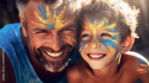 Positive dad with son with yellow-blue face paint close-up