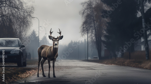 Deer crosses the road in front of a car © dwoow
