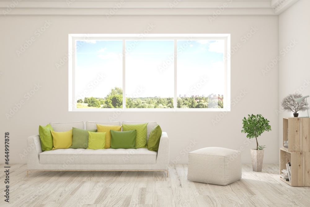 Naklejka premium Bright interior design with modern furniture and summer landscape in window. 3D illustration