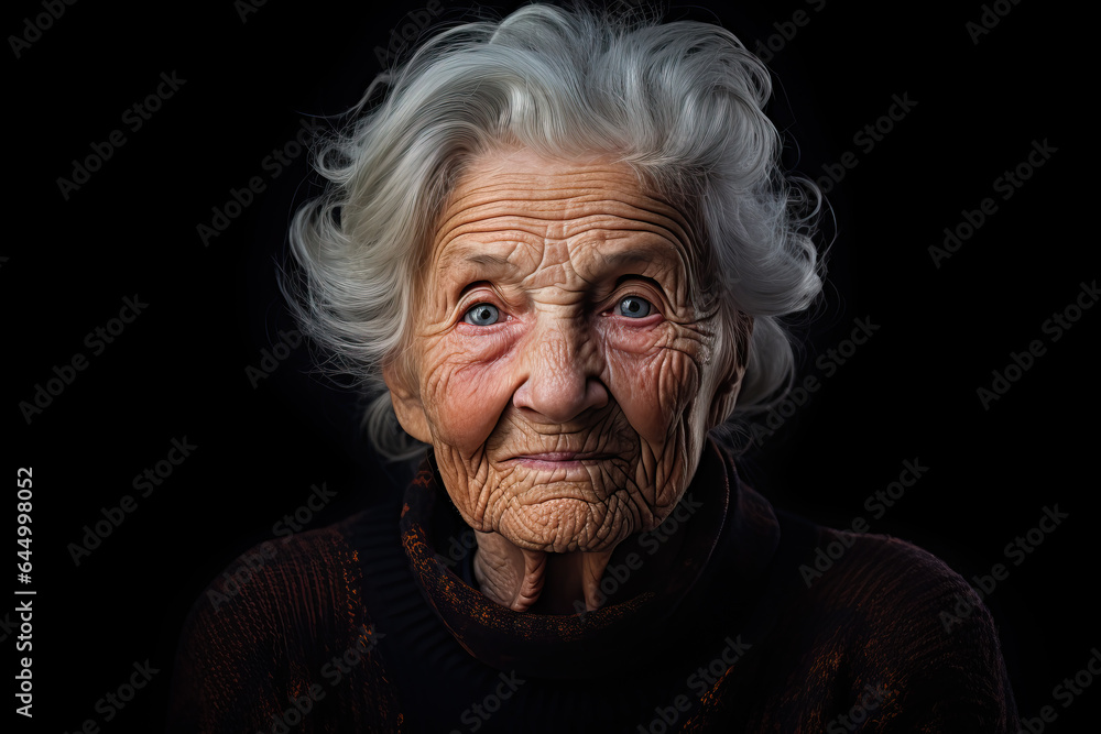 portrait of old woman with grey hair on black background, ai generated portrait of old woman with grey hair on black background, ai generated