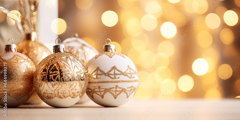 Luxury Christmas showcase with balls or bauble with confetti, decoration, lights, bokeh. Christmas and New year card. Promotional, sales. Holidays background with copy space. Generative ai. Luxury Christmas showcase with balls or bauble with confetti, decoration, lights, bokeh. Christmas and New year card. Promotional, sales. Holidays background with copy space. Generative ai.