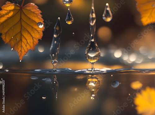 Golden autumn leaves, wet and reflective, descending with bright sunlight. Water Drops