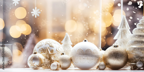 Luxury Christmas showcase with balls or bauble with confetti, decoration, lights, bokeh. Christmas and New year card. Promotional, sales. Holidays background with copy space. Generative ai.
