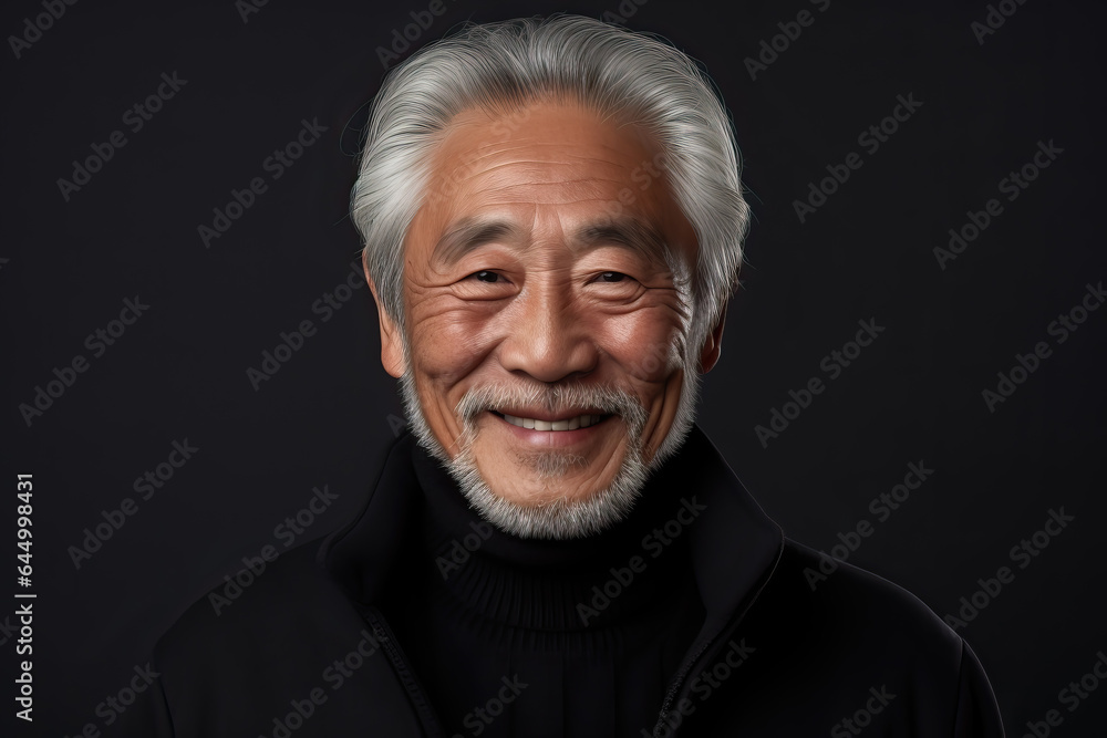 portrait of older handsome asian man with grey beard on black background, ai generated - obrazy, fototapety, plakaty 