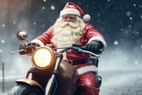 Fotobehang santa claus riding motorbike on road, chrsitmas concept, ai generative