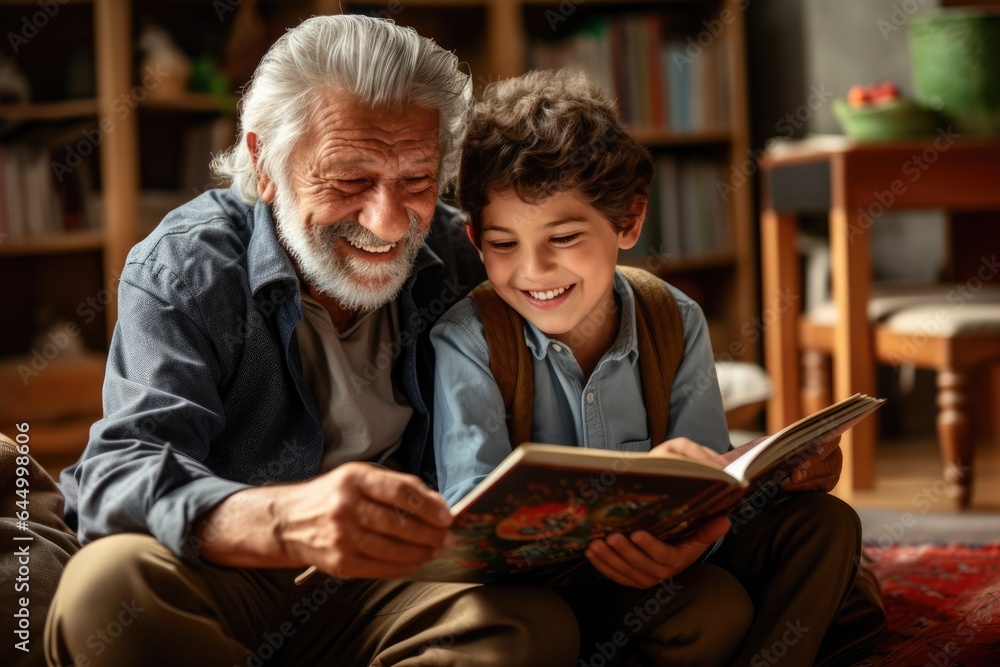 Grandfather tutoring his grandson at home. The child is patiently listening and learning while grandad showing him how to solve the problem Grandfather tutoring his grandson at home. The child is patiently listening and learning while grandad showing him how to solve the problem