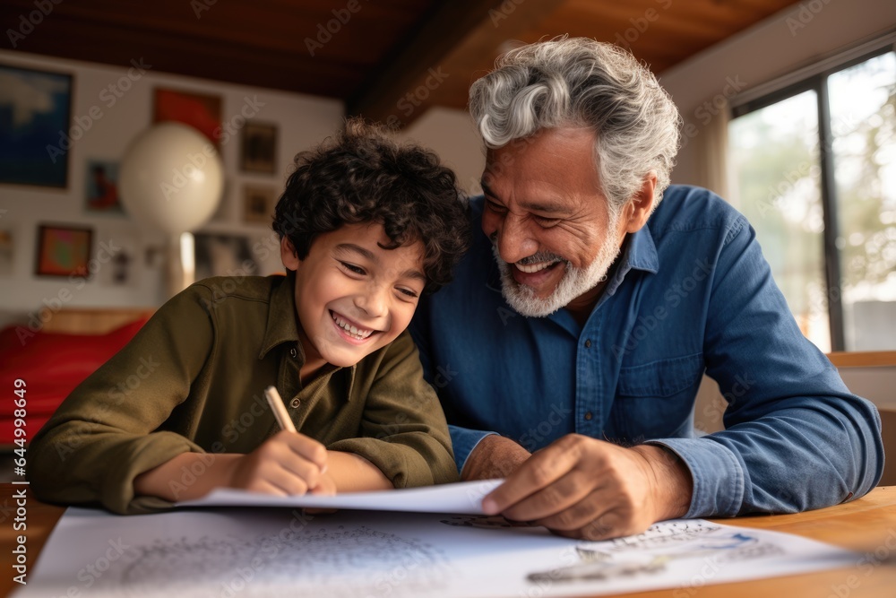 Grandpa and Grandson Enjoying a Drawing Activity at Home Grandpa and Grandson Enjoying a Drawing Activity at Home