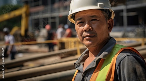 Asian builder at a construction site created with Generative AI.