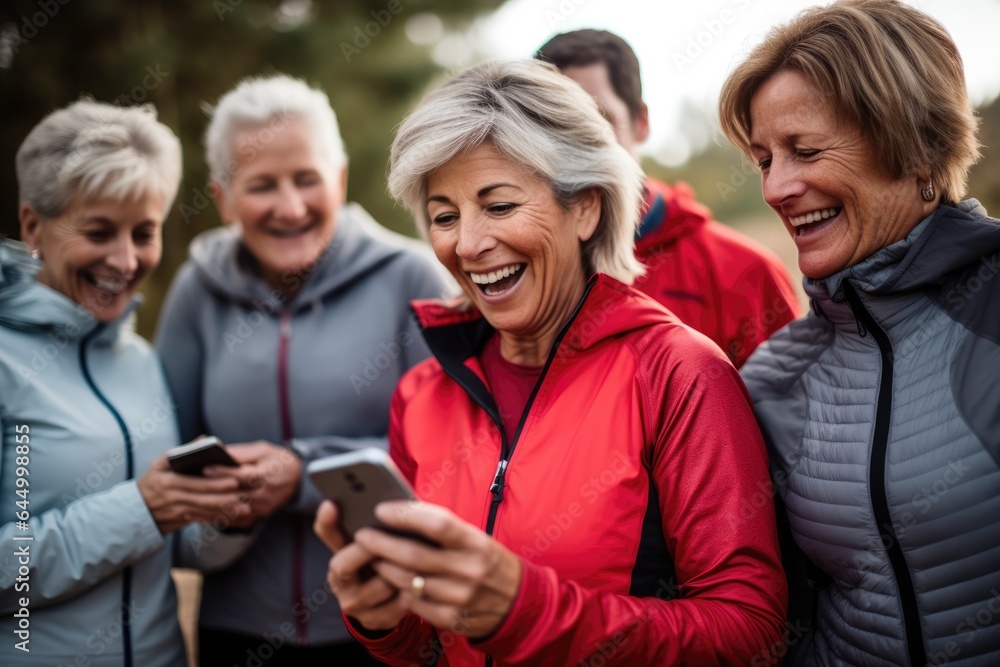 Fototapeta premium group of mature joyful people in sports suits tracking their results on a smartphone after jogging