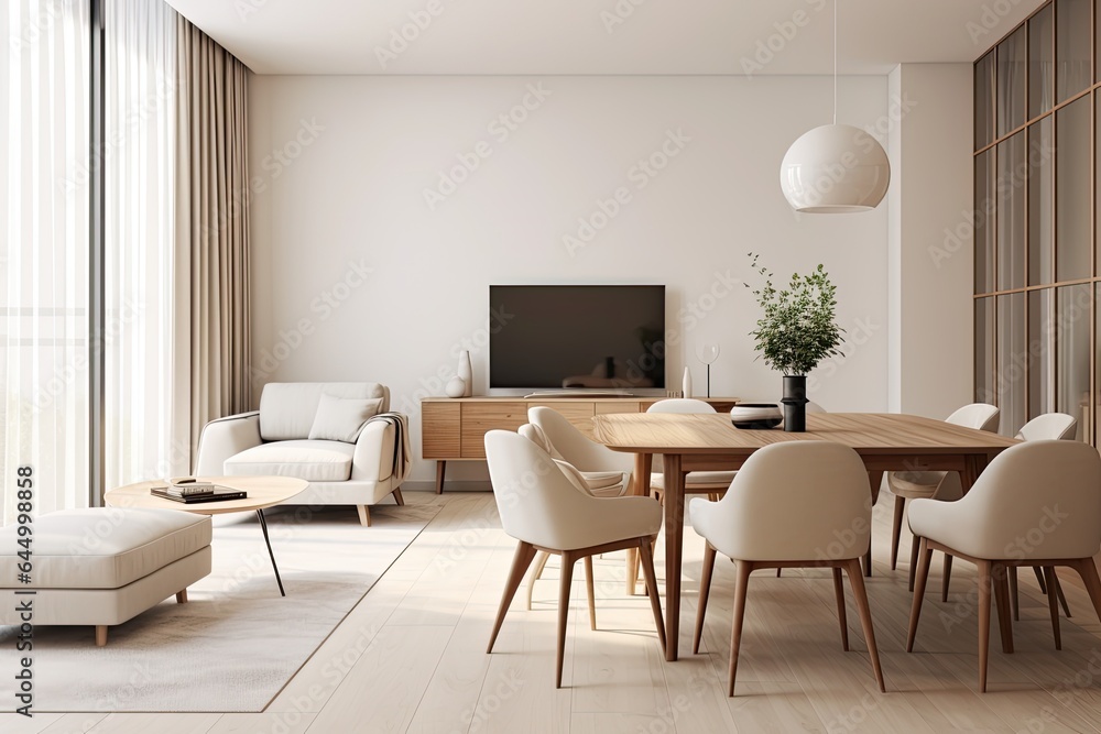 Modern interior design of apartment, dining room with table and chairs, empty living room with beige wall Modern interior design of apartment, dining room with table and chairs, empty living room with beige wall