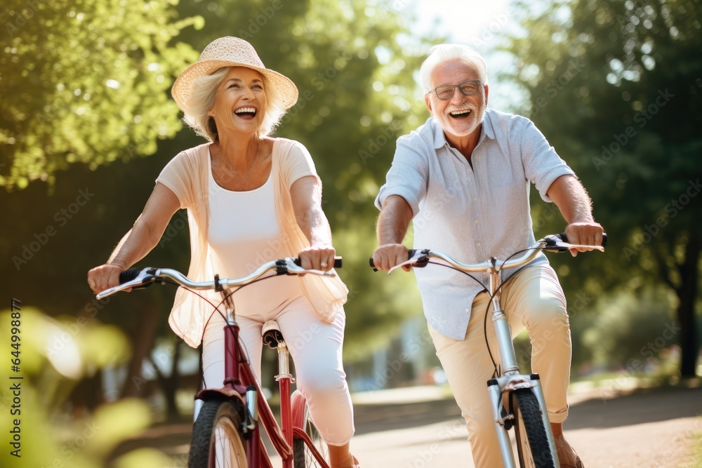 Obraz premium Happy active senior couple with bicycle in public park together having fun. Activities and healthy lifestyle for elderly people. Cheerful mature couple riding bicycles in park