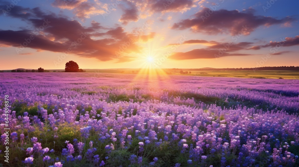 Beautiful panorama rural landscape with sunrise and blossoming meadow. purple flowers flowering on spring field,