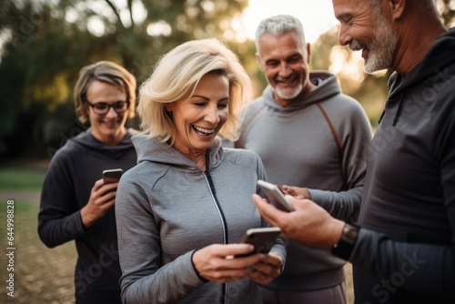 group of mature joyful people in sports suits tracking their results on a smartphone after jogging