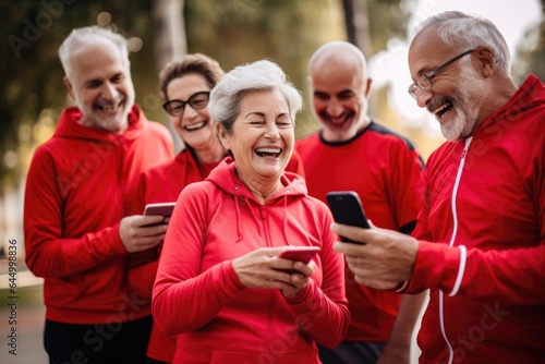 group of mature joyful people in sports suits tracking their results on a smartphone after jogging