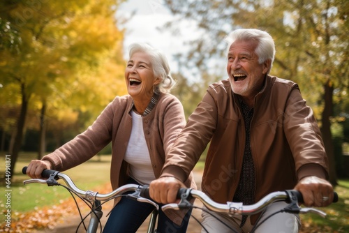 Happy active senior couple with bicycle in public park together having fun. Activities and healthy lifestyle for elderly people. Cheerful mature couple riding bicycles in park © gankevstock