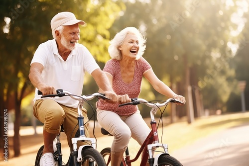 Happy active senior couple with bicycle in public park together having fun. Activities and healthy lifestyle for elderly people. Cheerful mature couple riding bicycles in park