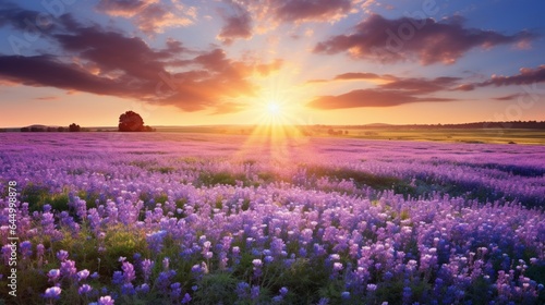 Beautiful panorama rural landscape with sunrise and blossoming meadow. purple flowers flowering on spring field 