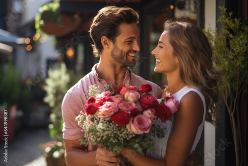 Happy Couple with Flowers on a Romantic outdoor Date
