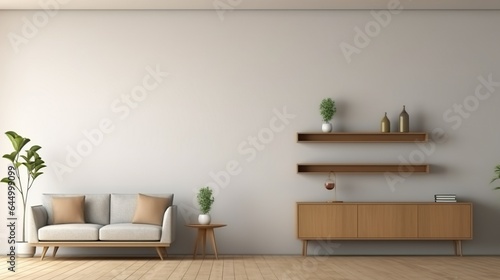 Photo 3d rendering modern little living room have cabinet and wood shelves on wood flooring with furnitures on white wall. living room concept and variatif angles.