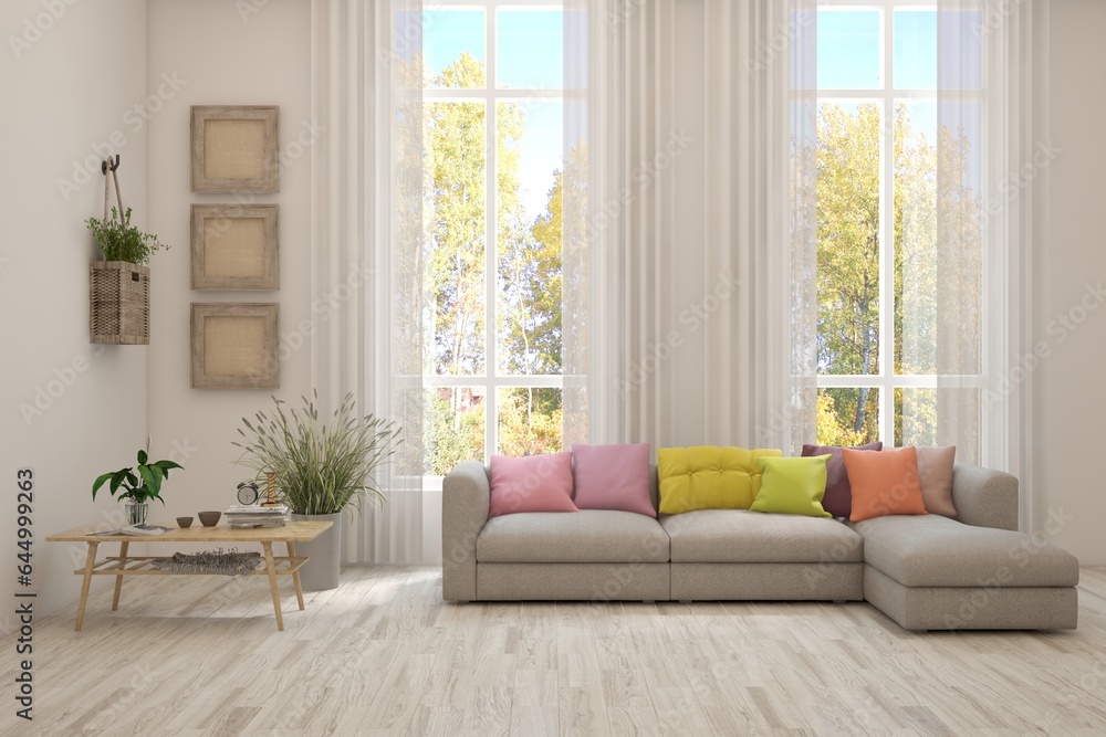 Fototapeta premium White scandinavian interior design with sofa. 3D illustration