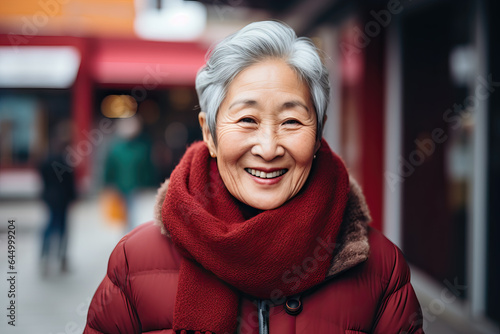 portrait of older asian woman outdside in the street, ai generated © wernerimages