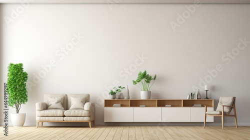 Photo 3d rendering modern little living room have cabinet and wood shelves on wood flooring with furnitures on white wall. living room concept and variatif angles. © LaxmiOwl