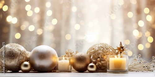 Luxury Christmas showcase with balls or bauble with confetti, decoration, lights, bokeh. Christmas and New year card. Promotional, sales. Holidays background with copy space. Generative ai.