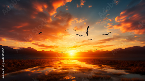A breathtaking sunset over a vast open field with birds migrating background with empty space for text 