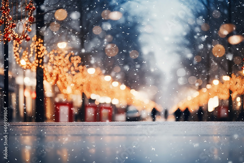 Beautiful blurred street with christmas decorations. Abstract christmas defocused background