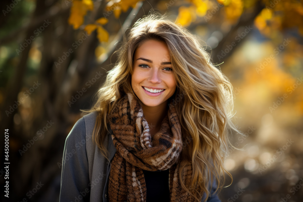 A cozy plaid scarf wrapped around a smiling model capturing the warmth and style of fall fashion A cozy plaid scarf wrapped around a smiling model capturing the warmth and style of fall fashion