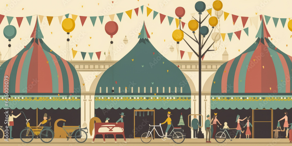 Enchanting circus scene in flat design with vibrant tents, cheerful clowns, soaring acrobats, encapsulating family fun, wonder and amusement.