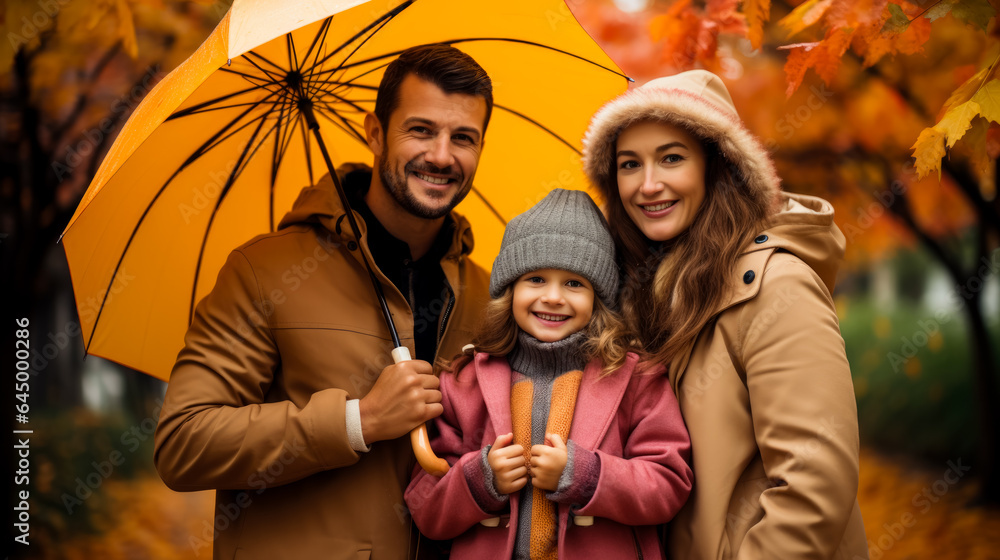 A happy family wearing cozy sweaters huddled together under colorful umbrellas enjoying a playful Autumn walk 