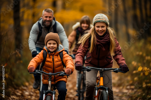 A happy family takes a leisurely bike ride through a picturesque forest enjoying the vibrant autumn foliage 