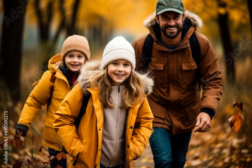 A happy family enjoys a hike through colorful autumn leaves background with empty space for text 