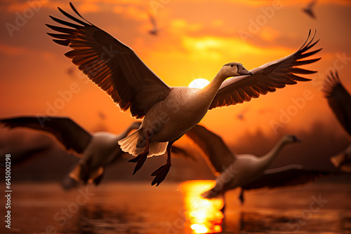 A majestic flock of geese gracefully soars through a golden sky during their annual autumn migration  © fotogurmespb