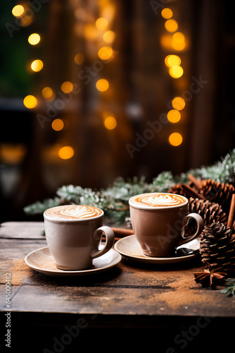 A rustic wooden table adorned with vintage knitted sweaters and mugs of steaming cocoa background with empty space for text 
