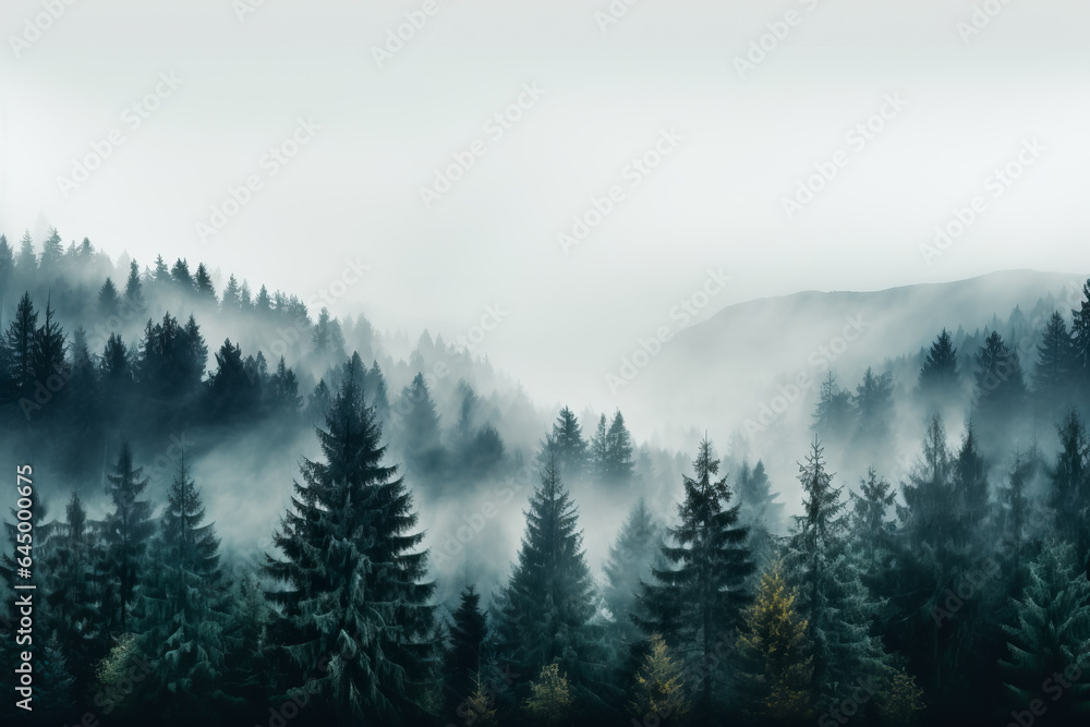 Obraz premium A serene mist-engulfed forest in November background with empty space for text 