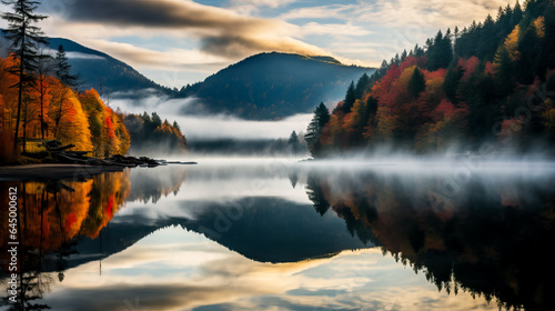 A serene lake emerges from the mist reflecting the vibrant November hues of the surrounding trees and mountains 