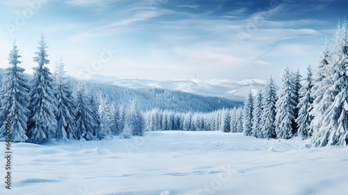 A snowy landscape with mountains in the background. Generative Ai © hassanmim2021