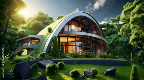 eco-friendly living with an image of a modern eco-home powered by renewable energy sources generative ai